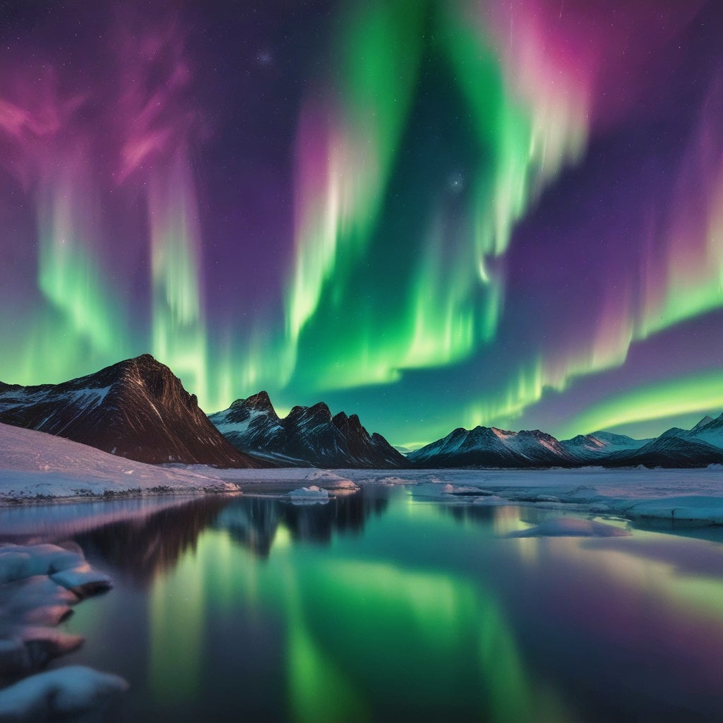 Aurora Borealis Over Mountain Lake - Northern Lights Digital Art Print