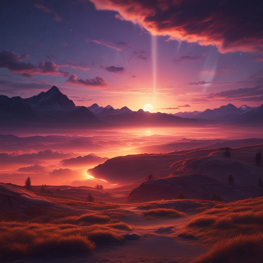 Majestic sunset over a mountain landscape with rays of light piercing through clouds.