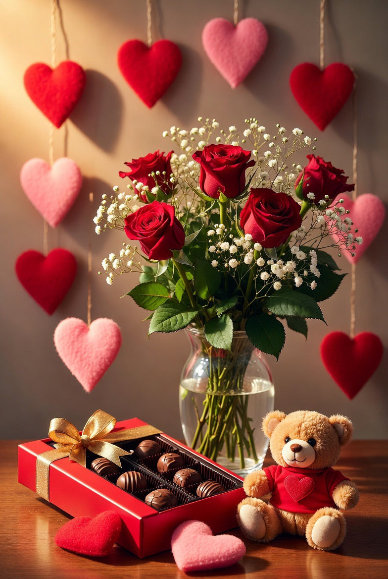 Valentine's Romance - Red Roses & Hearts Digital Art Print