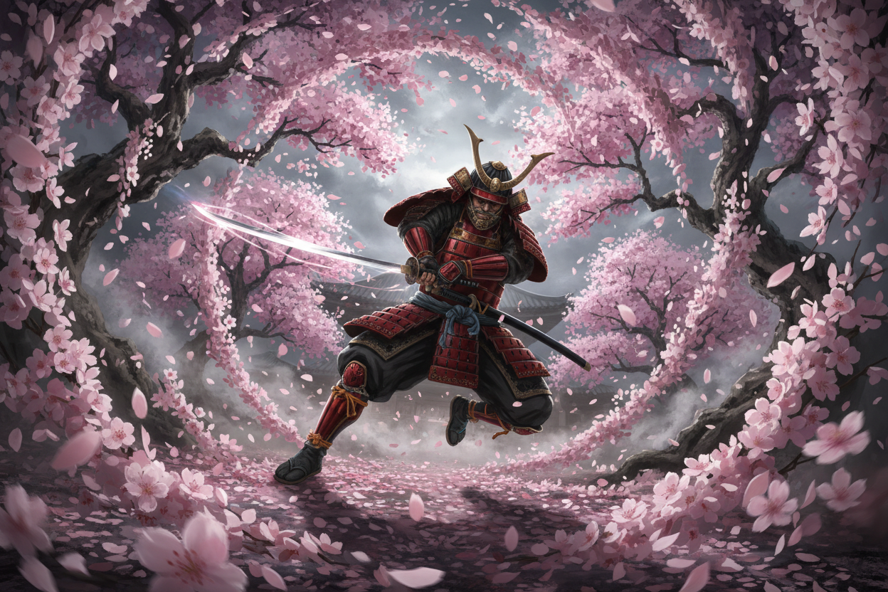"Petals of the Blade: Samurai in Cherry Blossom Storm"
