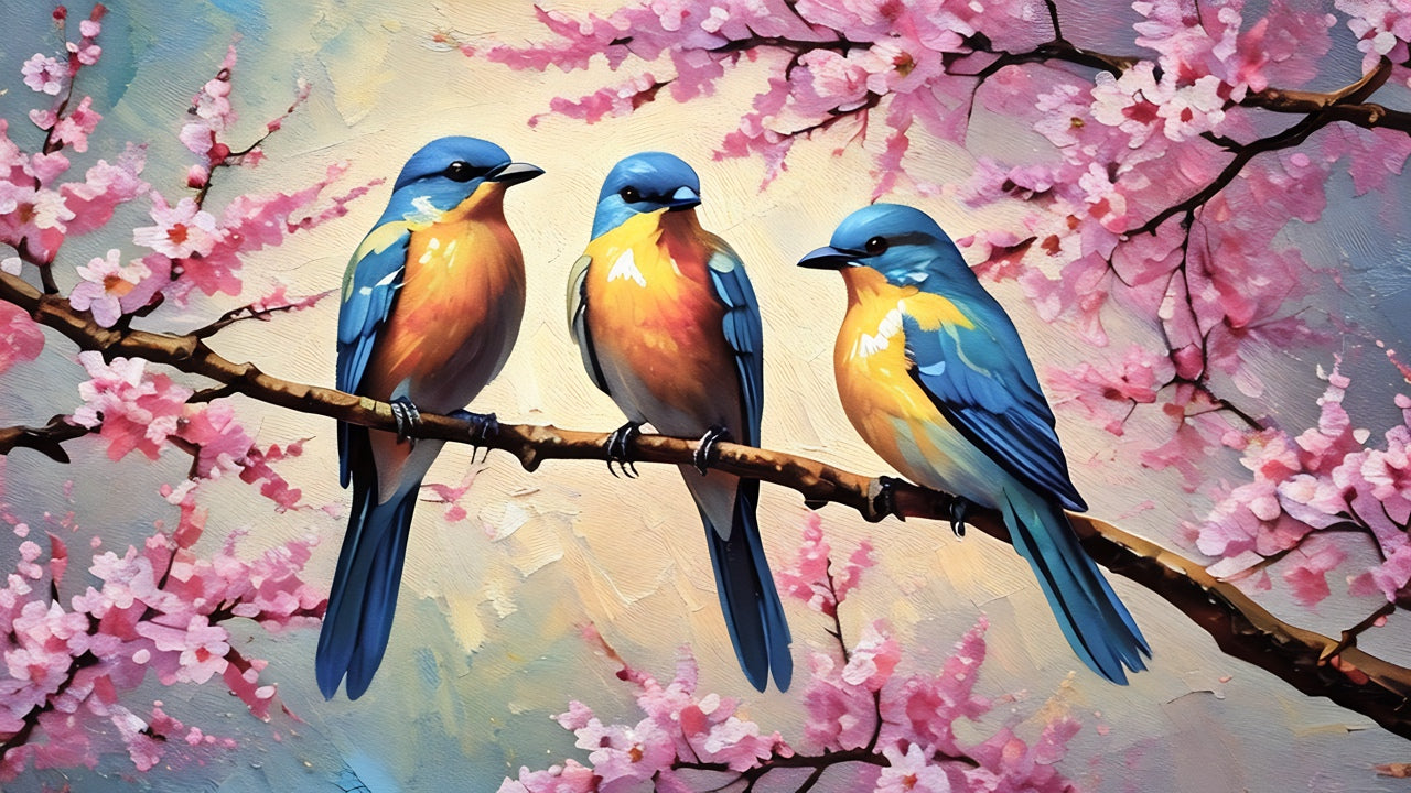 Cherry Blossom Trio - Blue Birds in Spring Bloom