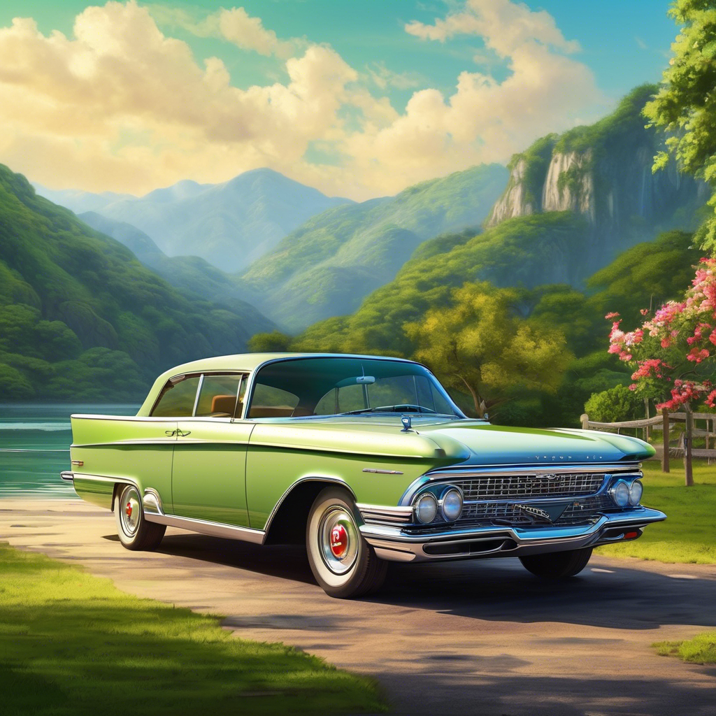 Vintage Green Classic Car Mountain Landscape - Digital Art Print