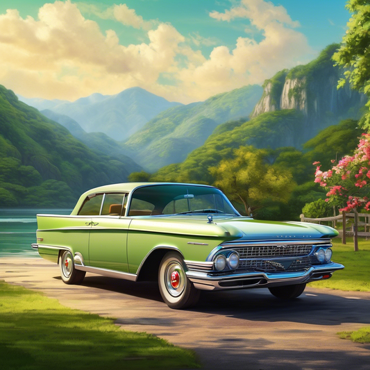 Vintage Green Classic Car Mountain Landscape - Digital Art Print