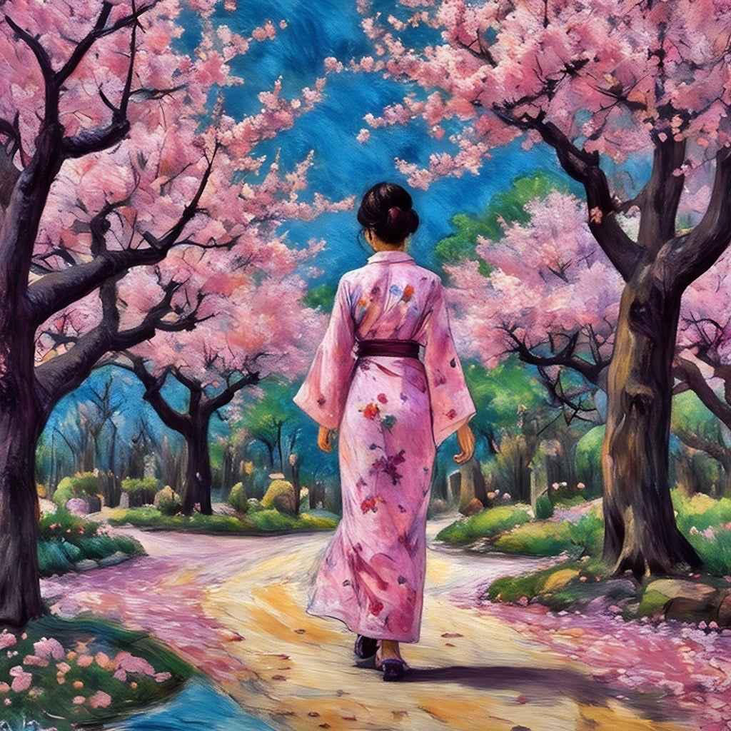Woman in Kimono Strolling Under Cherry Blossoms