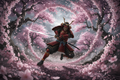 "Petals of the Blade: Samurai in Cherry Blossom Storm"