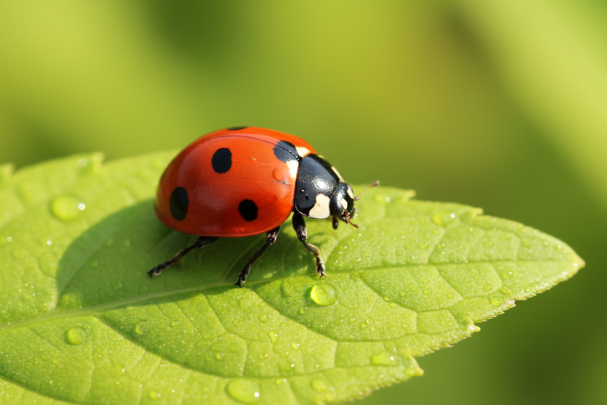Ladybug on green leaf with visible veins
