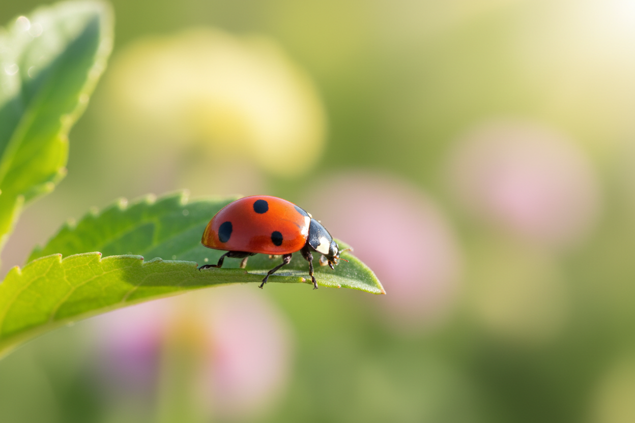 Ladybug on leaf edge in sunlight