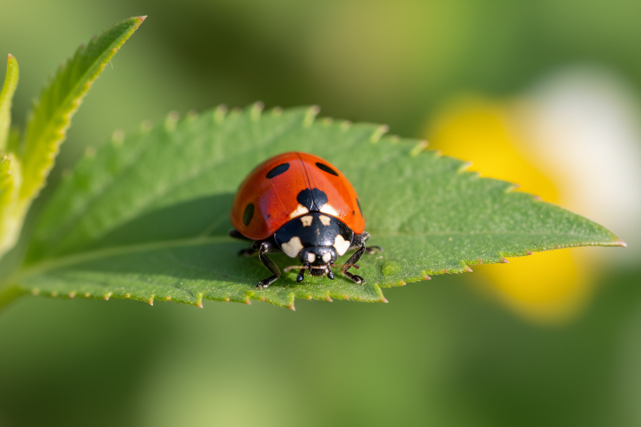 Ladybug on leaf with bokeh background