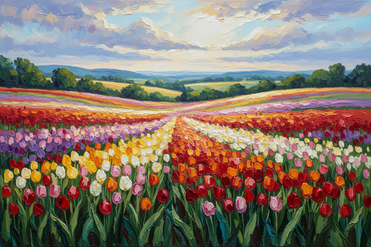 Oil painting of a tulip meadow
