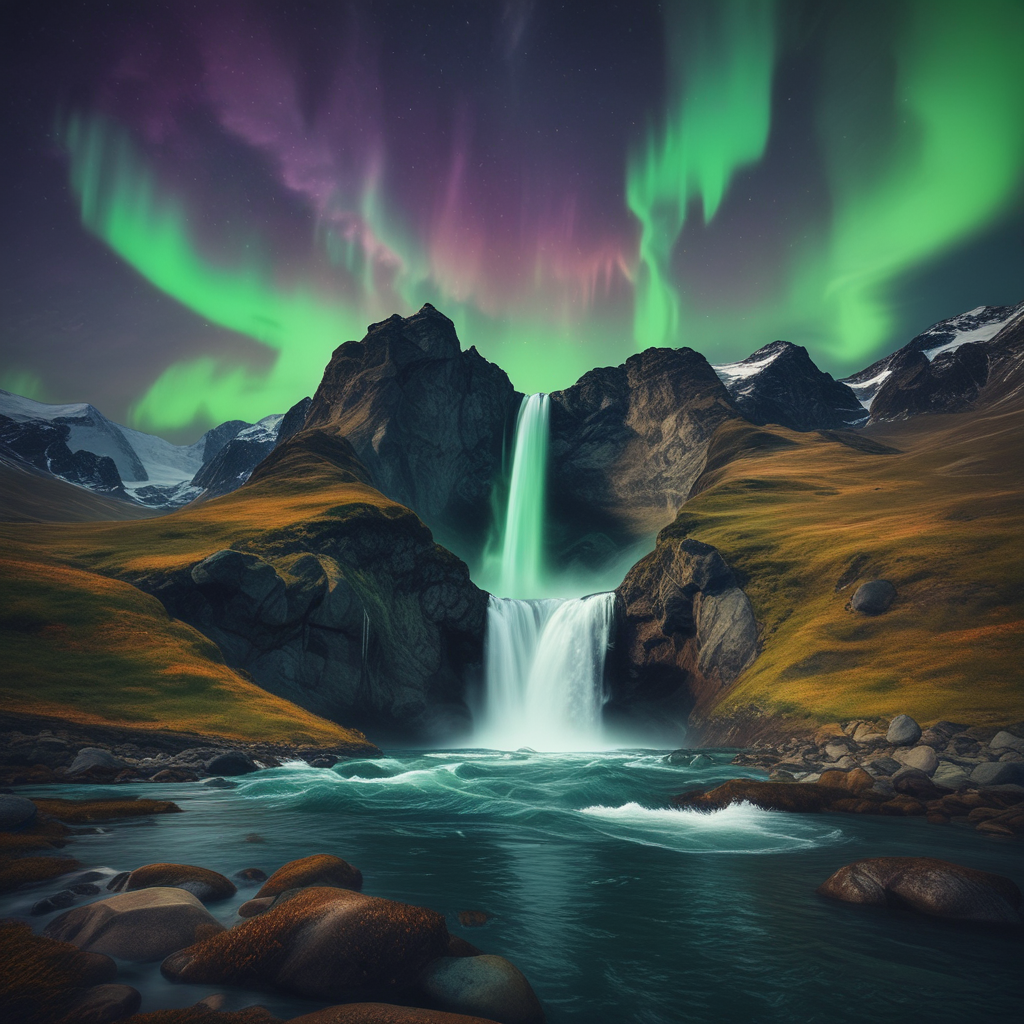 Aurora Cascade - Northern Lights Waterfall Art Print