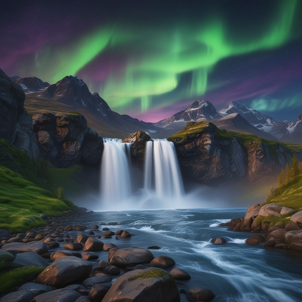 Northern Lights Over Waterfall - Aurora Borealis Art Print