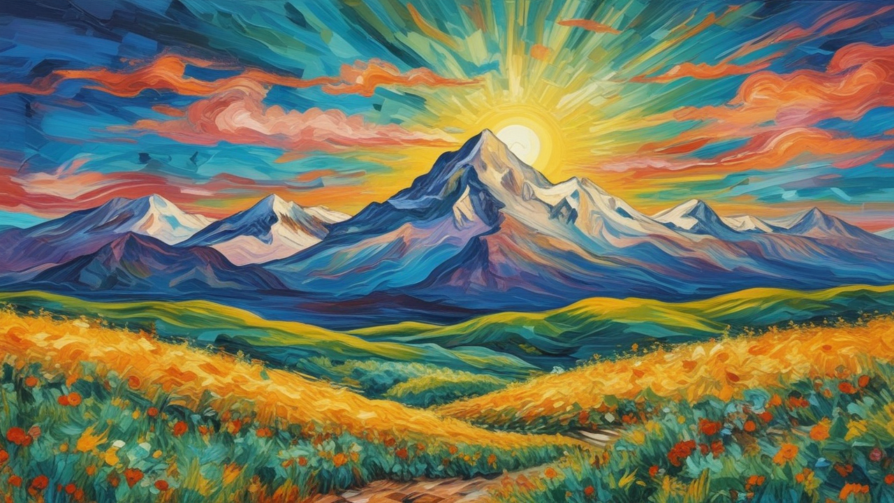 Radiant Mountain Sunrise - Vibrant Abstract Landscape Art Print